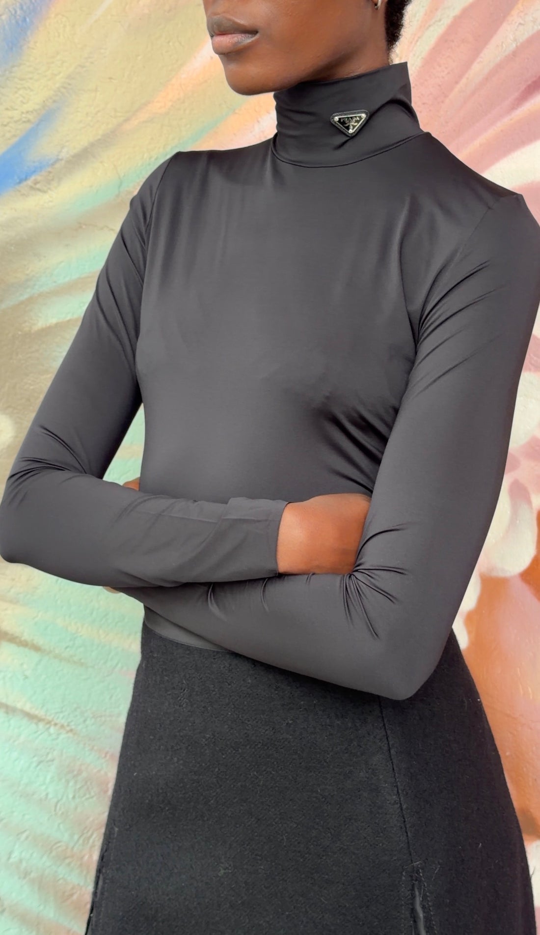 Prada Black Tech Jersey Triangle Logo Plaque Turtleneck - 44
