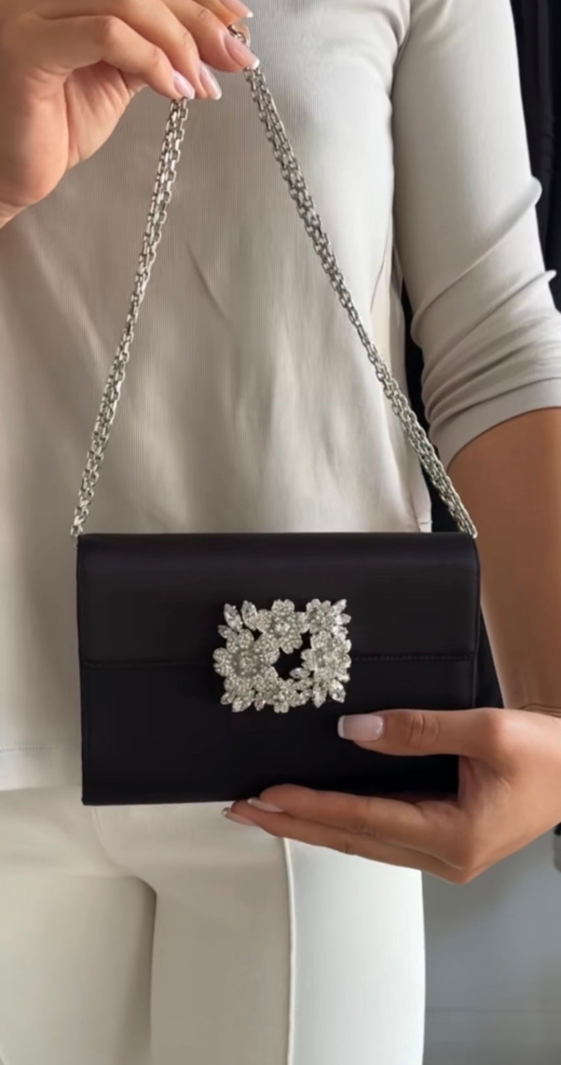 Roger Vivier Black Silver RV Bouquet Flower Strass Buckle Black Satin Bag