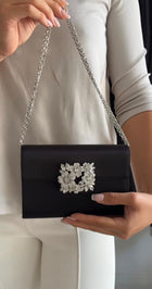 Roger Vivier Black Silver RV Bouquet Flower Strass Buckle Black Satin Bag