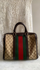 Gucci Beige Red Green GG Supreme Monogram Canvas Web Medium Boston Bag
