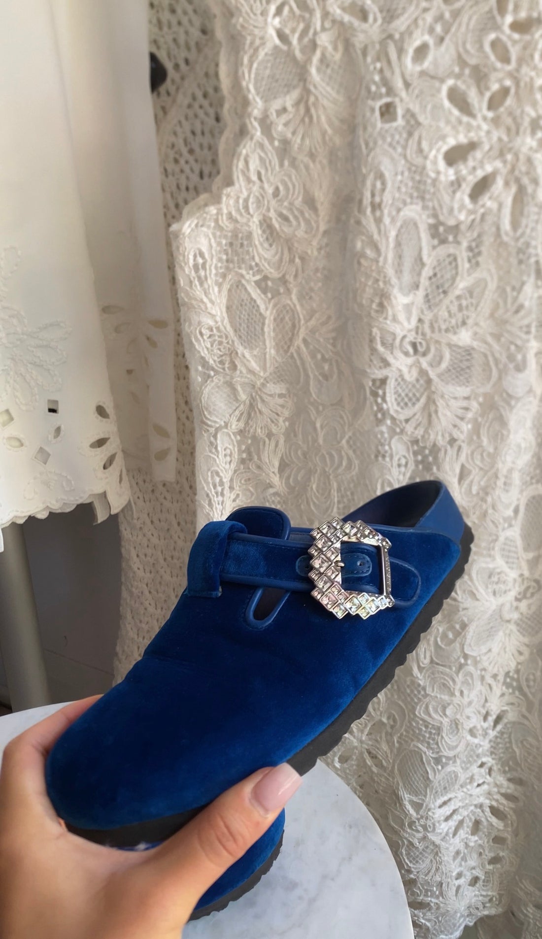 Birkenstock x Manolo Blahnik Blue Velvet Boston Crystal Clogs - 37