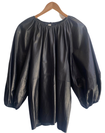 Valentino Black Leather Puff Sleeve Top - 46