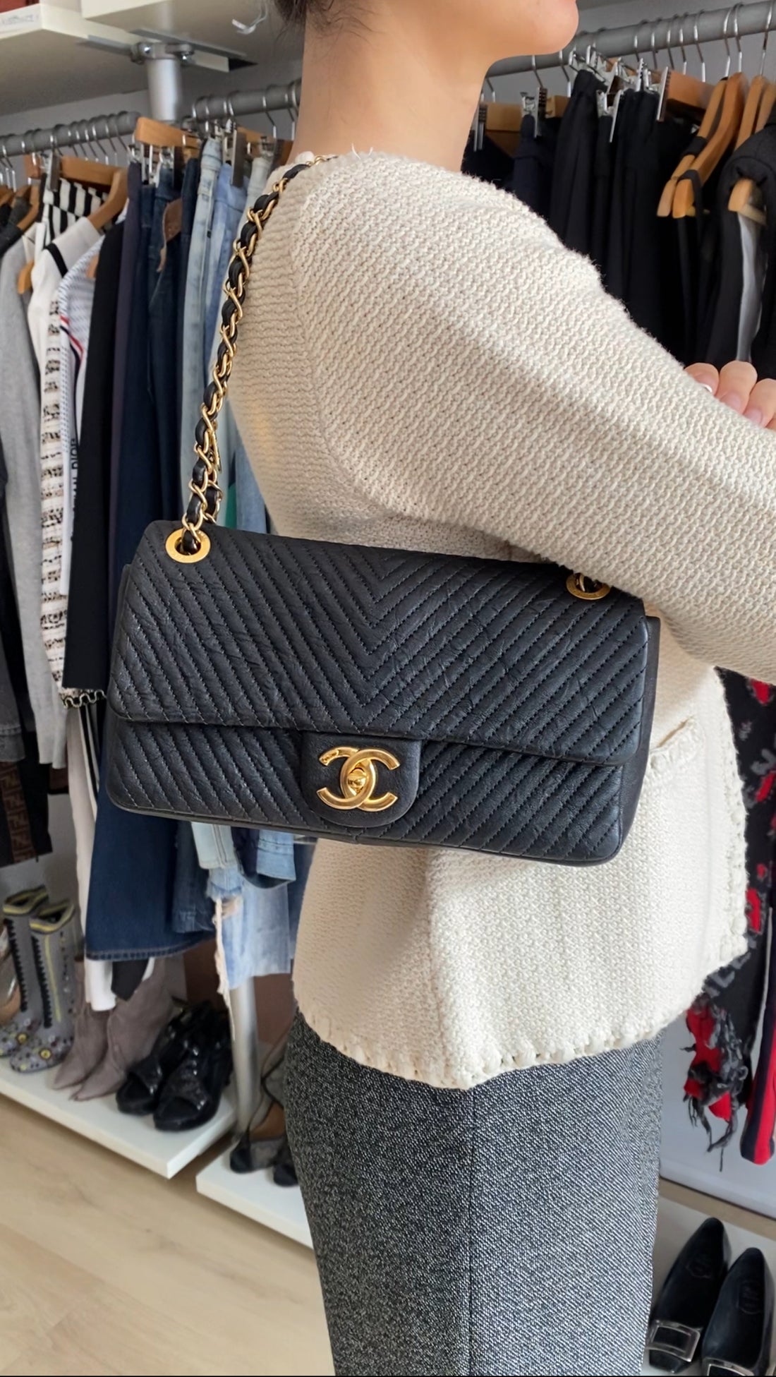 Chanel Surpique Chevron Black Quilted Leather Medium Flap Bag