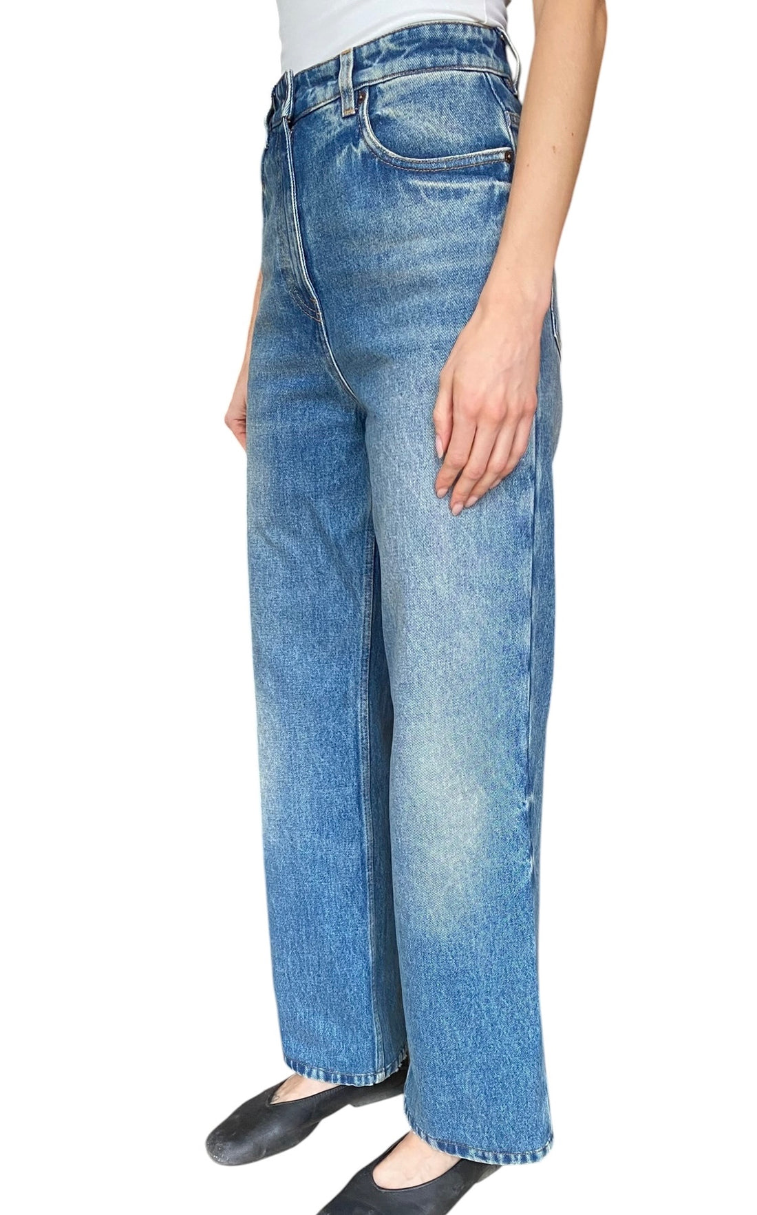 Prada Blue High Waisted Wide Leg Logo Jeans - W25