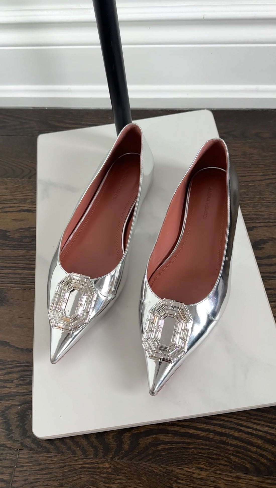 Amina Muaddi Silver Metallic Leather Crystal Embellished Ballet Flats - 8.5