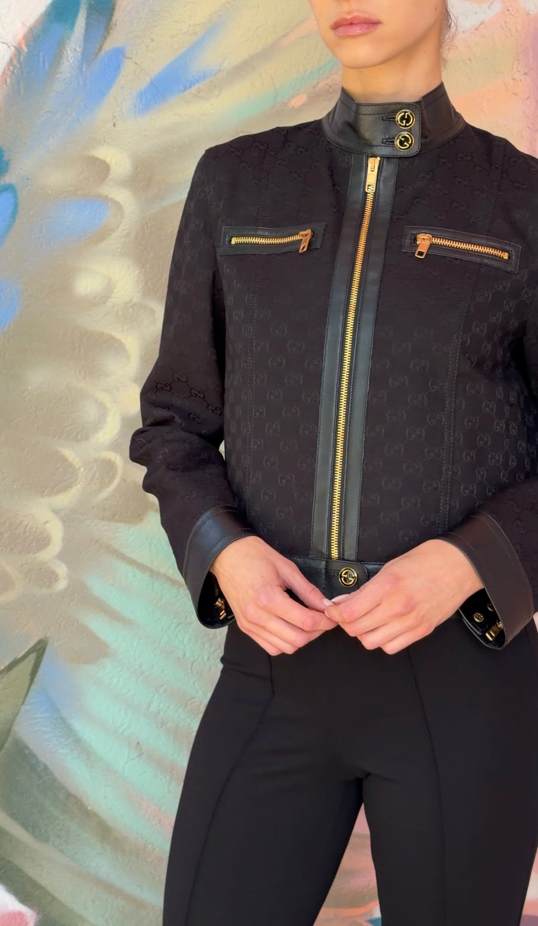 Gucci Black GG Monogram Canvas and Leather Zip Moto Jacket - 42