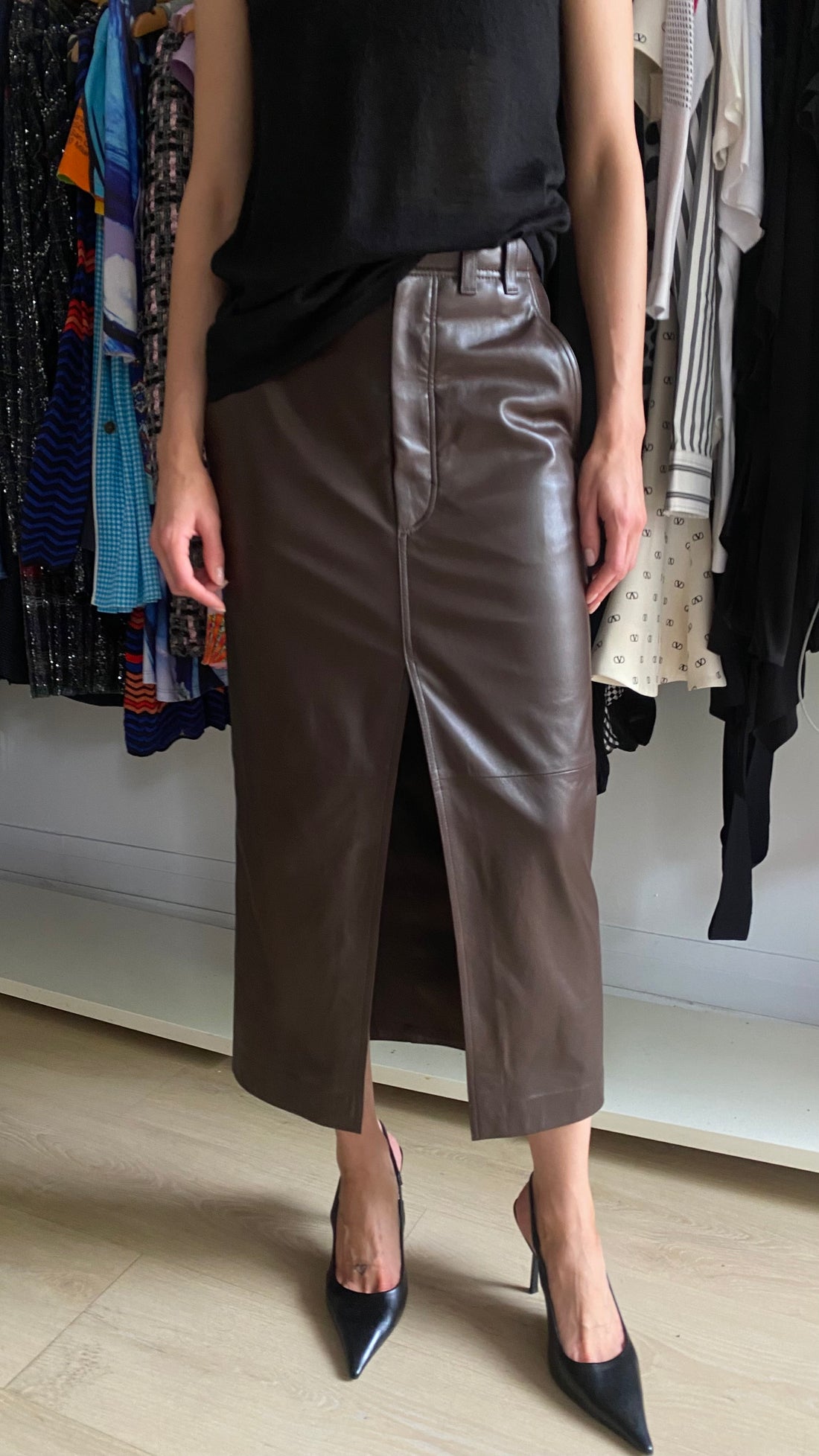 Brunello Cucinelli Chocolate Brown Lambskin Leather Midi Skirt - IT 40 / US 4