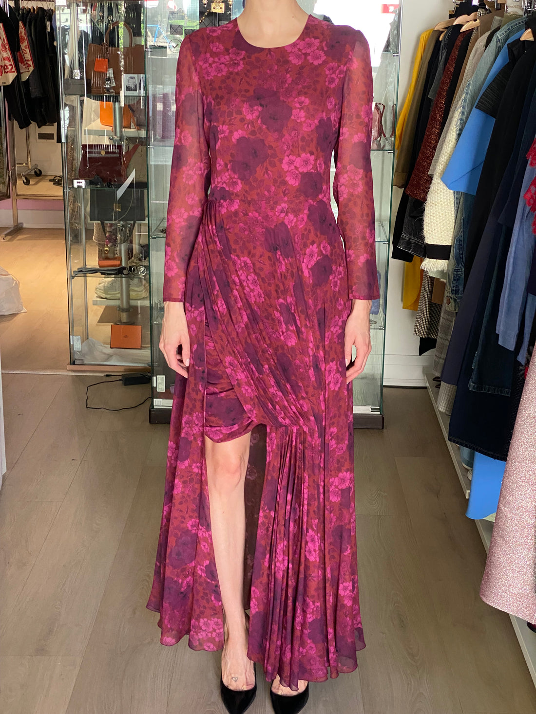 Giambattista Valli Burgundy "Anemones" Pleated Draped Long Sleeve Gown - IT 44 / M / US 6