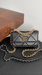 Chanel 19 Black Leather Lambskin Quilted Flap Phone Holder