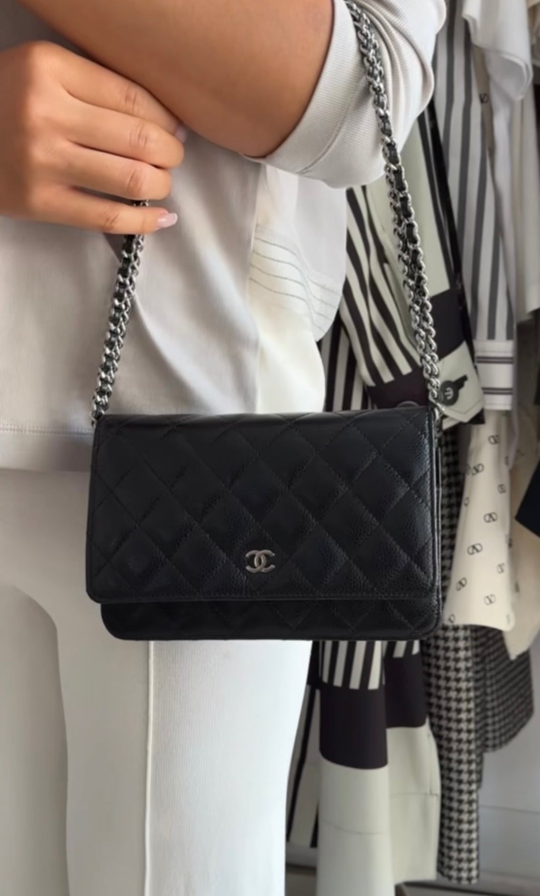 Chanel Black Caviar Leather CC Classic Wallet on Chain SHW