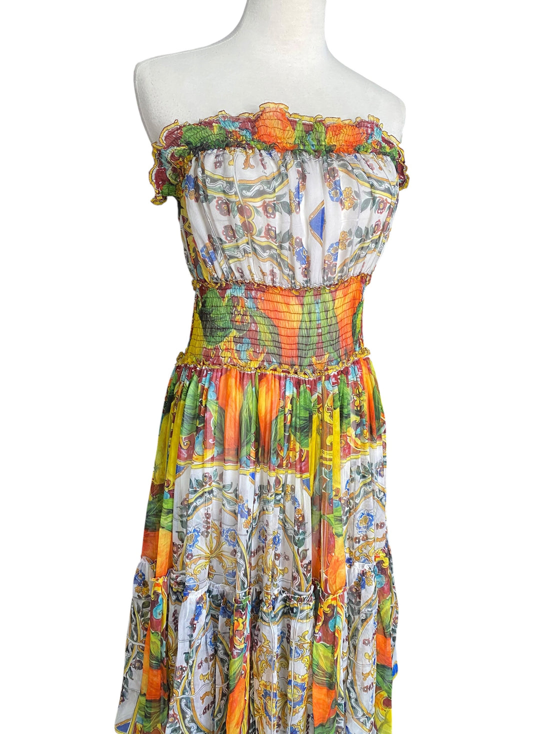 Dolce & Gabbana Orange Printed Silk Chiffon Tiered Strapless Maxi Gown - IT 44 / S-M