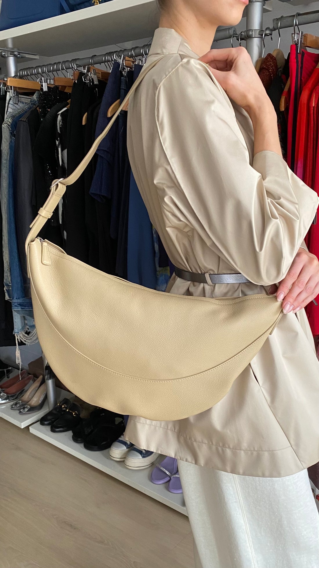 The Row Boulder Beige Leather Jouve Shoulder Bag
