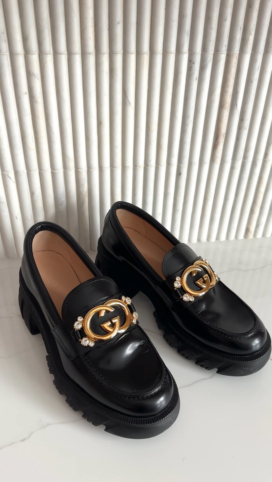 Gucci Black Leather Interlocking GG Jewel Loafers - 39.5