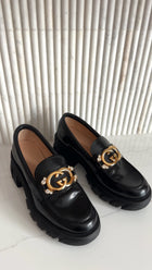 Gucci Black Leather Interlocking GG Jewel Loafers - 39.5