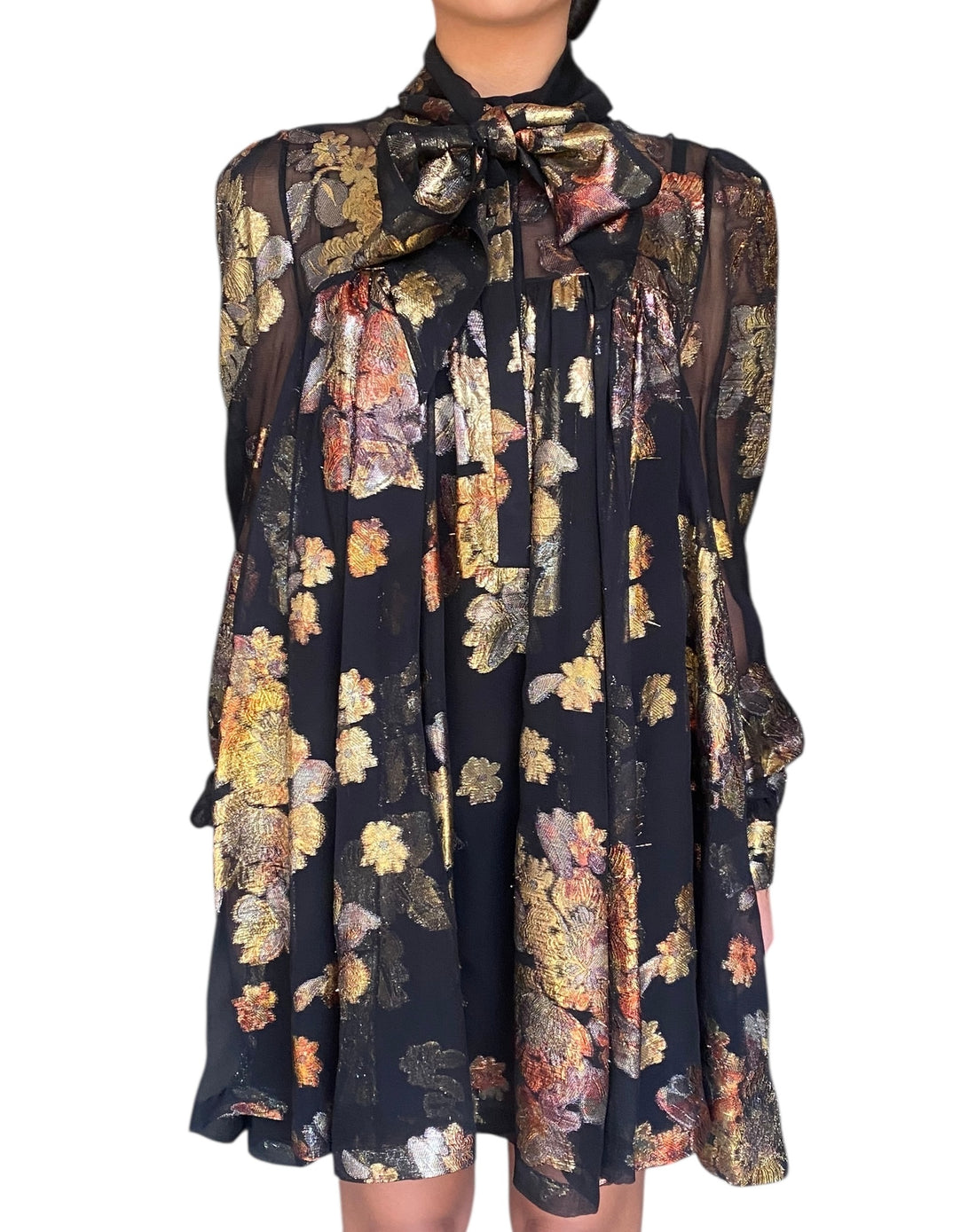 Saint Laurent Black Floral Silk Jacquard Mini Flared Dress - 40 / US 4