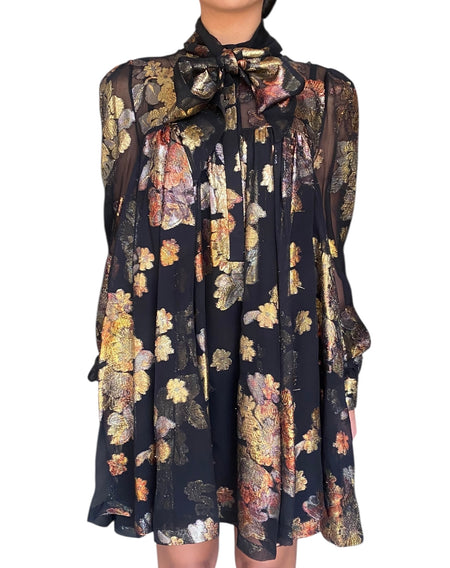 Saint Laurent Black Floral Silk Jacquard Mini Flared Dress - 40 / US 4