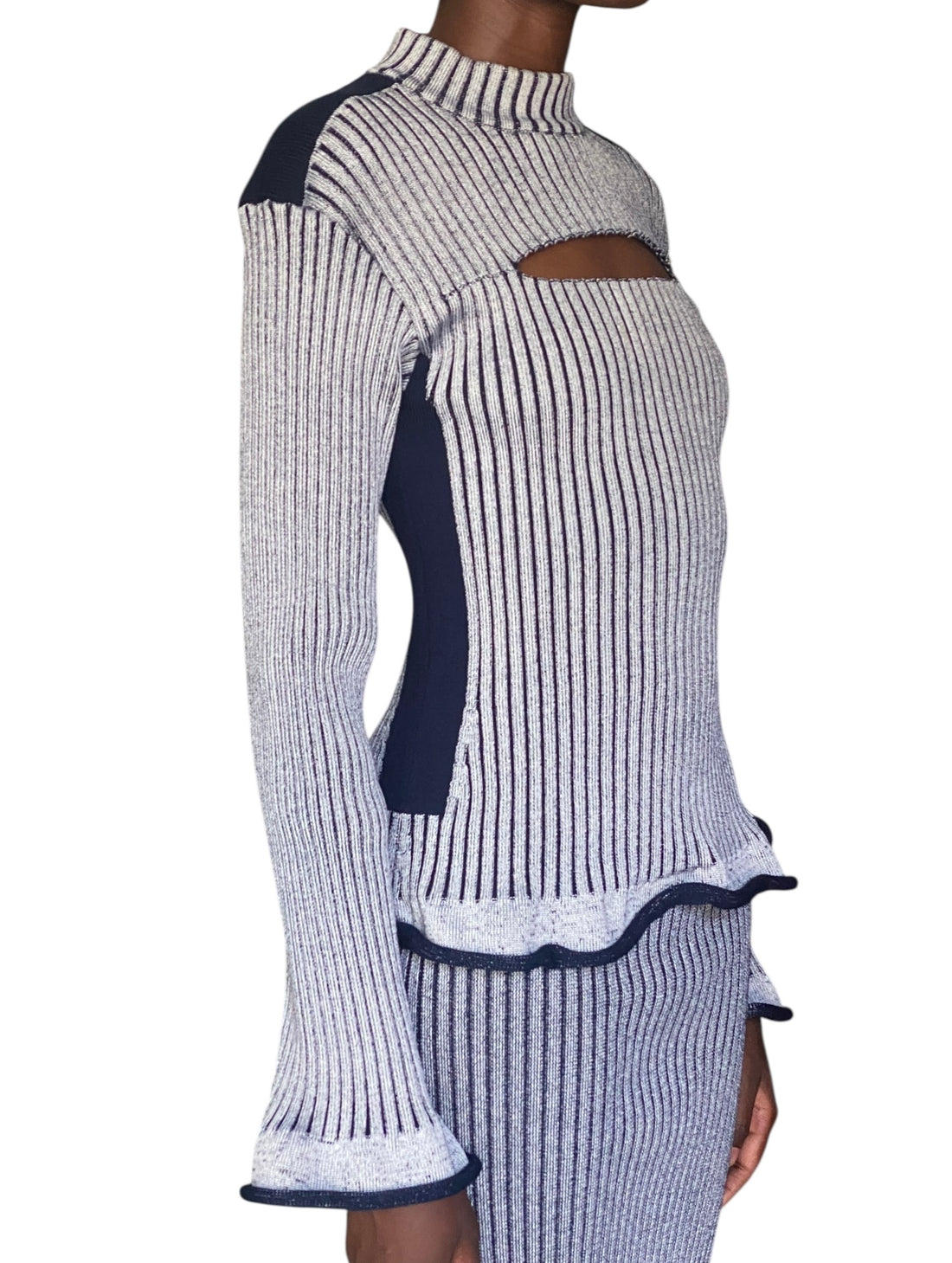 Louis Vuitton 2015 Navy Ribbed Knit Keyhole Sweater Skirt Set - M / US 6