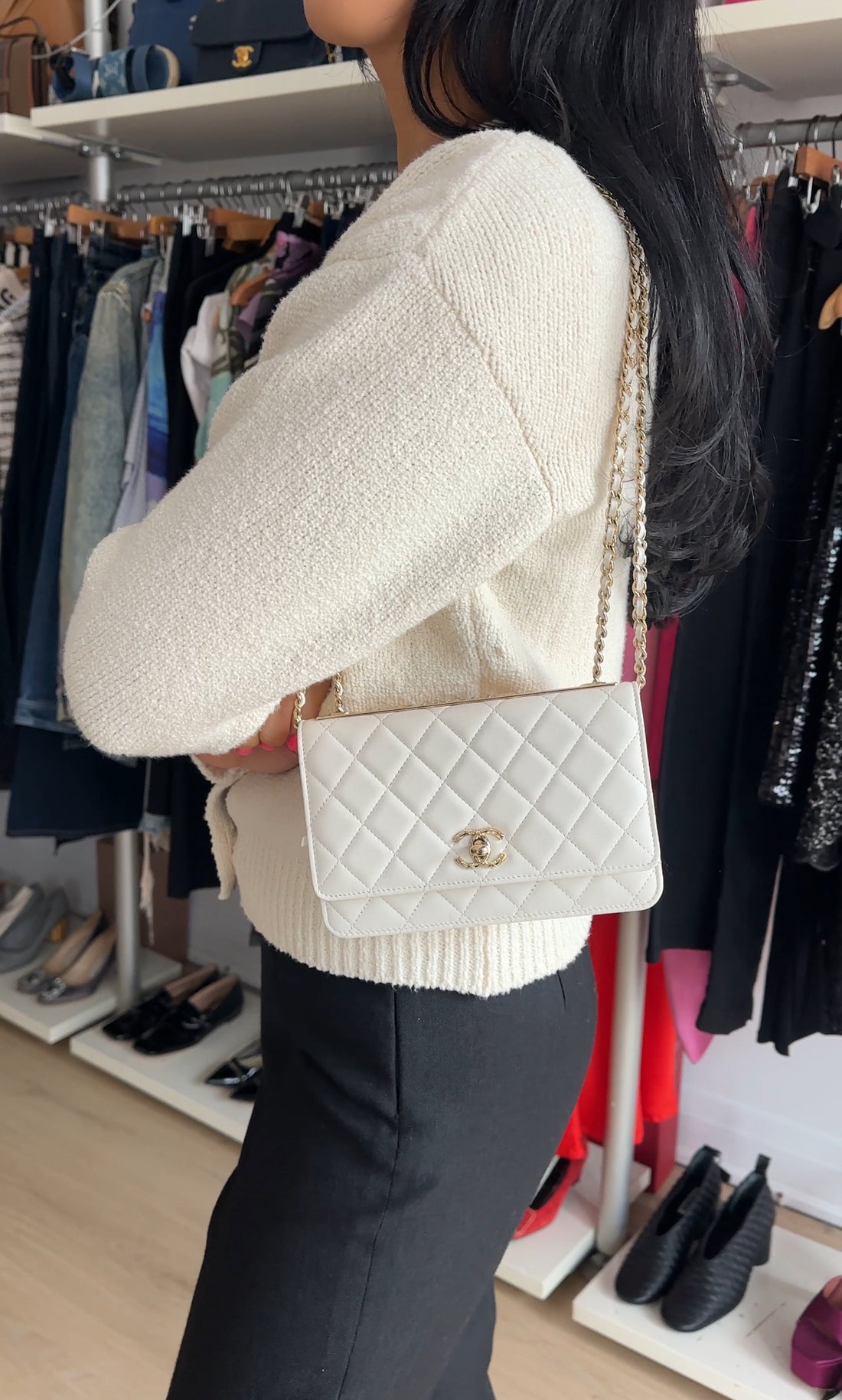 Chanel 23C White Quilted Leather Trendy Wallet on Chain Crossbody Bag
