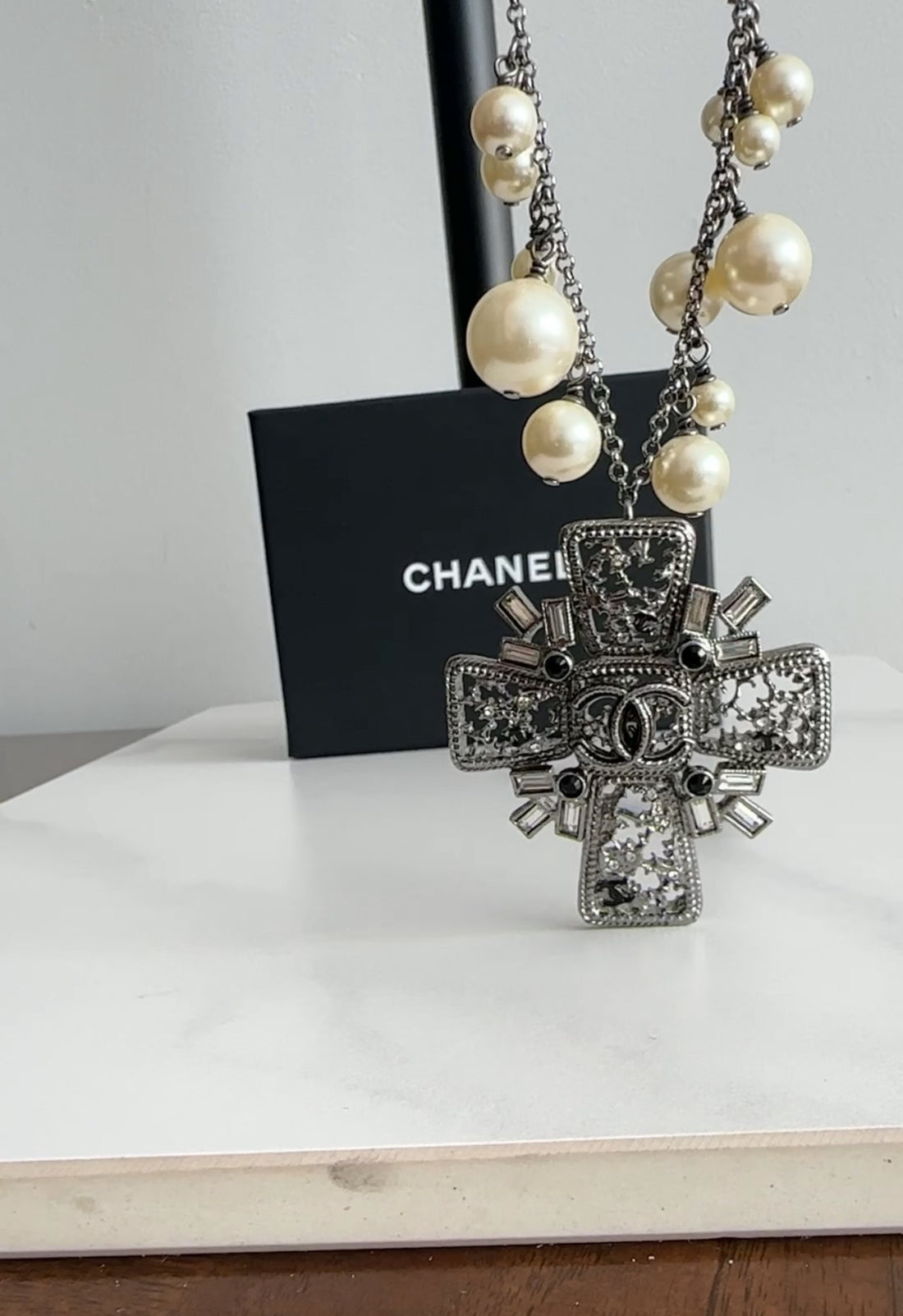 Chanel 10C Pearl and Crystal Grey CC Cross Necklace