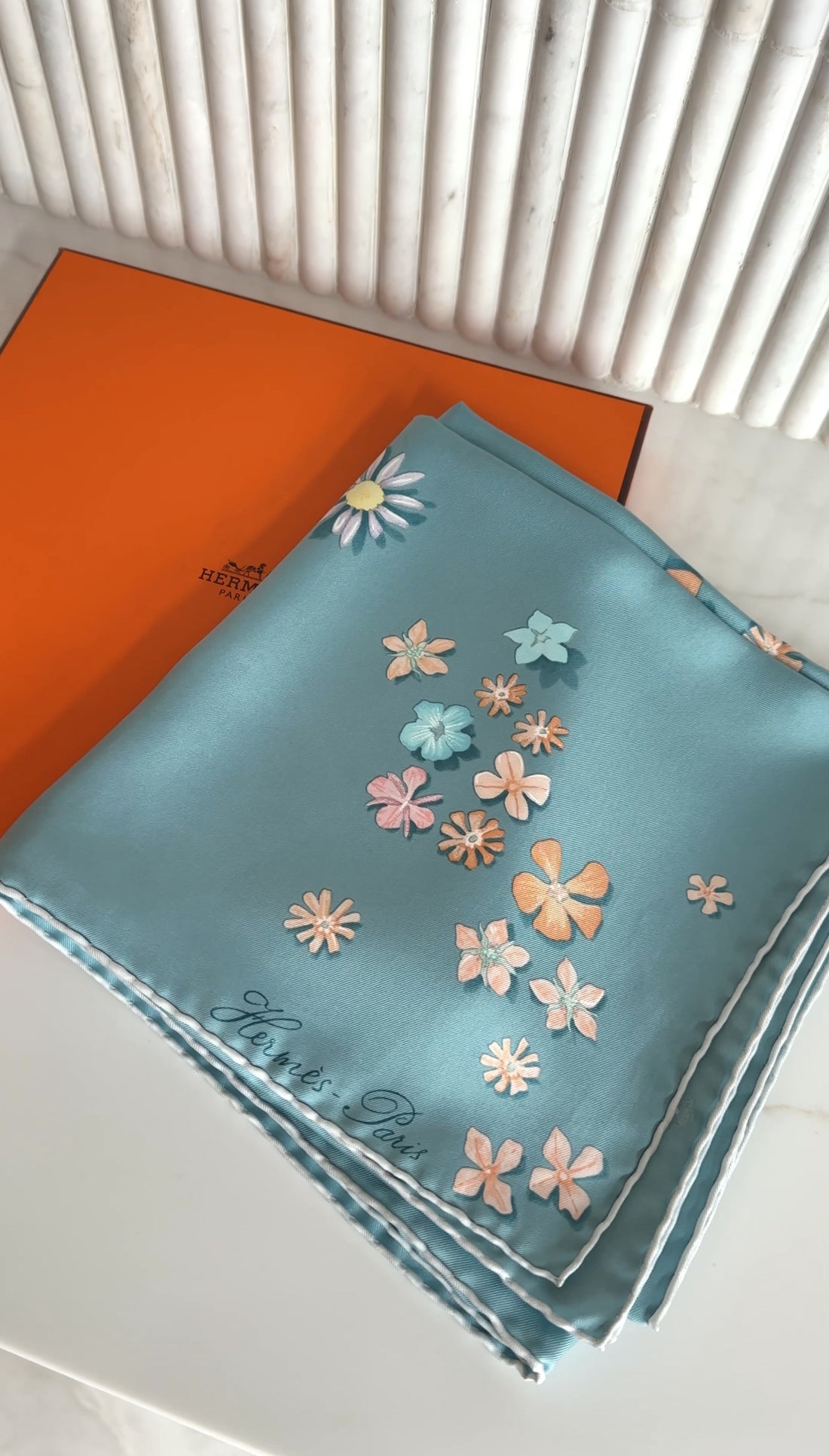 Hermes Blue Silk Floral 90cm Silk Twill Scarf