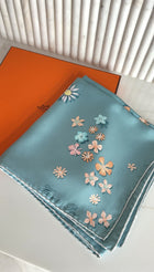 Hermes Blue Silk Floral 90cm Silk Twill Scarf