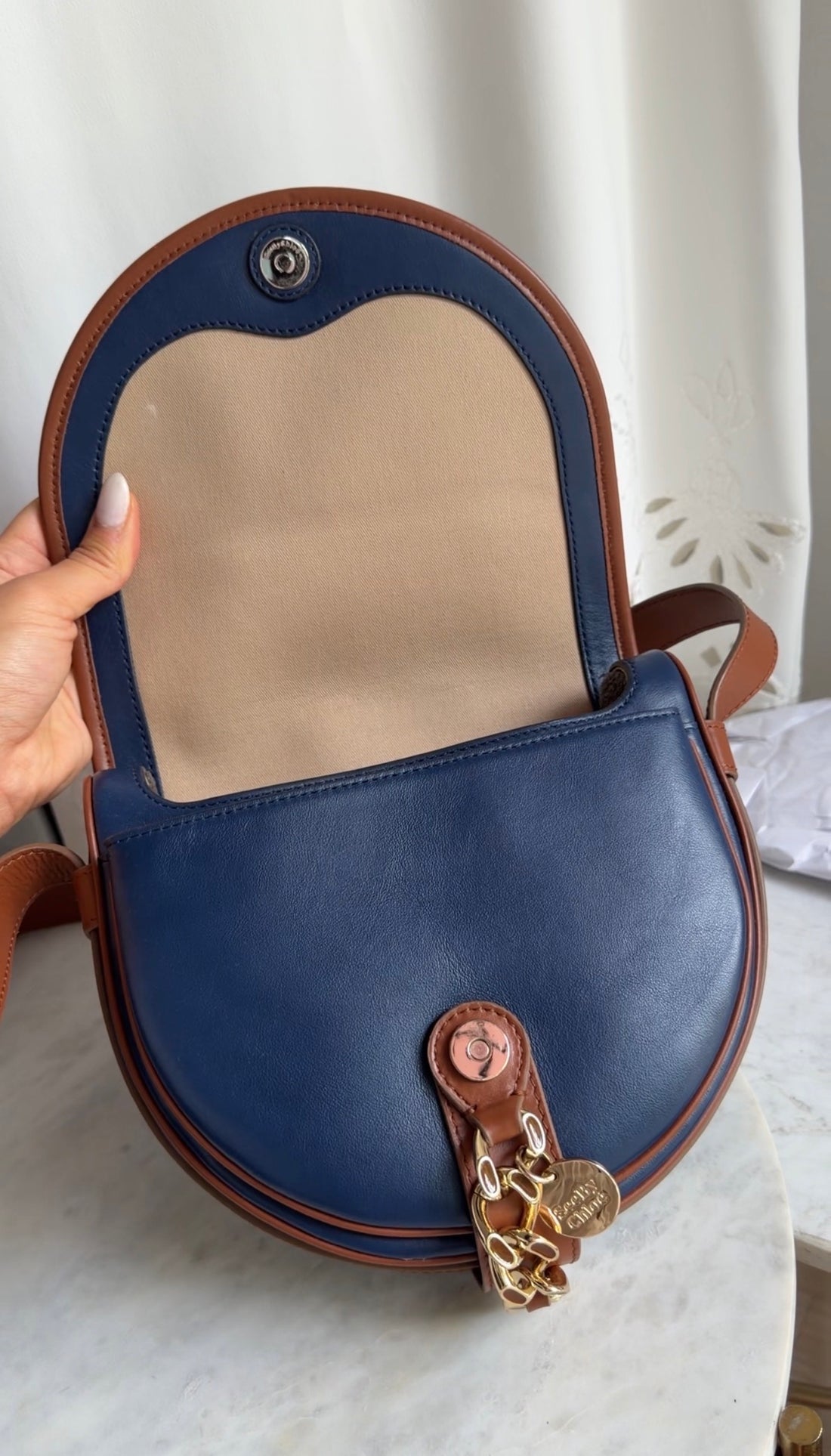See by Chloe Navy and Tan Brown Leather Gold Chain Mara Saddle Crossbody Bag