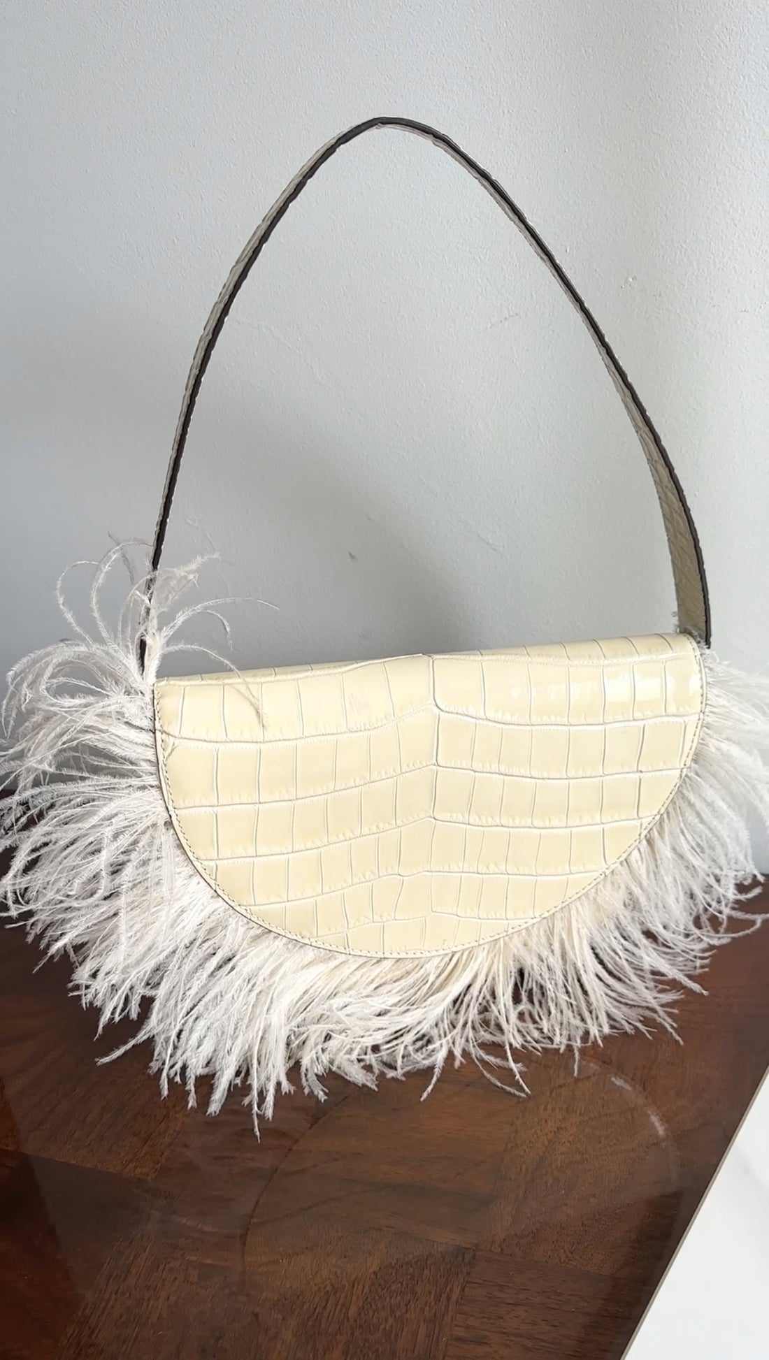 Staud Ivory Faux Embossed Half Moon Shoulder Bag with Feather Trim
