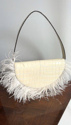 Staud Ivory Faux Embossed Half Moon Shoulder Bag with Feather Trim