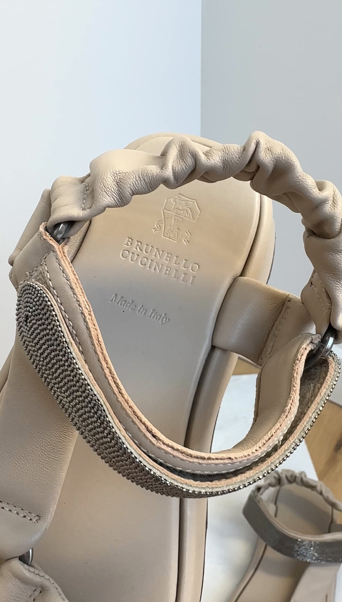 Brunello Cucinelli Light Ecru Beige Leather Monili Flatform Sandals - 37