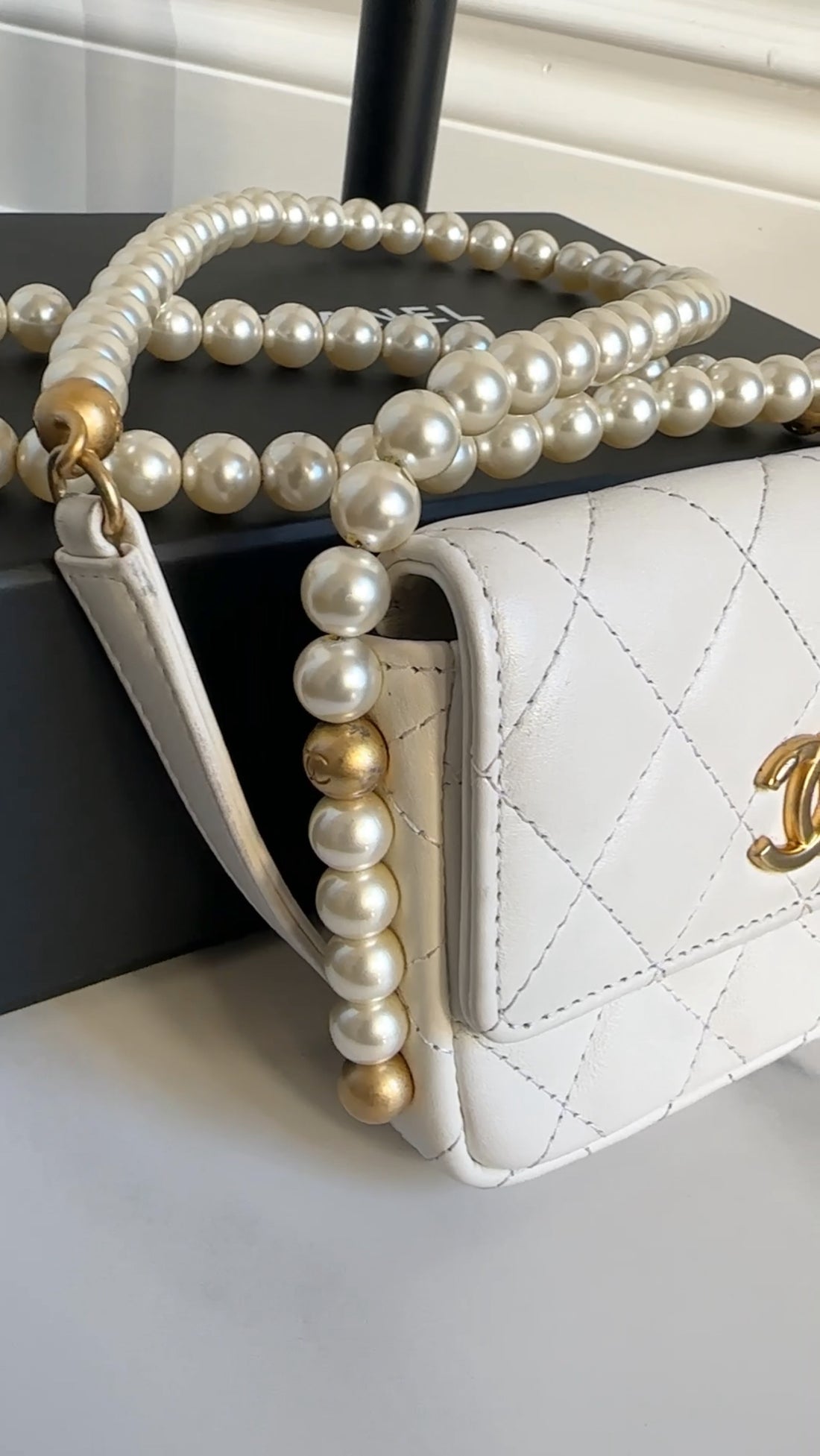 Chanel Ivory White About Pearls Mini Card Holder on Strap