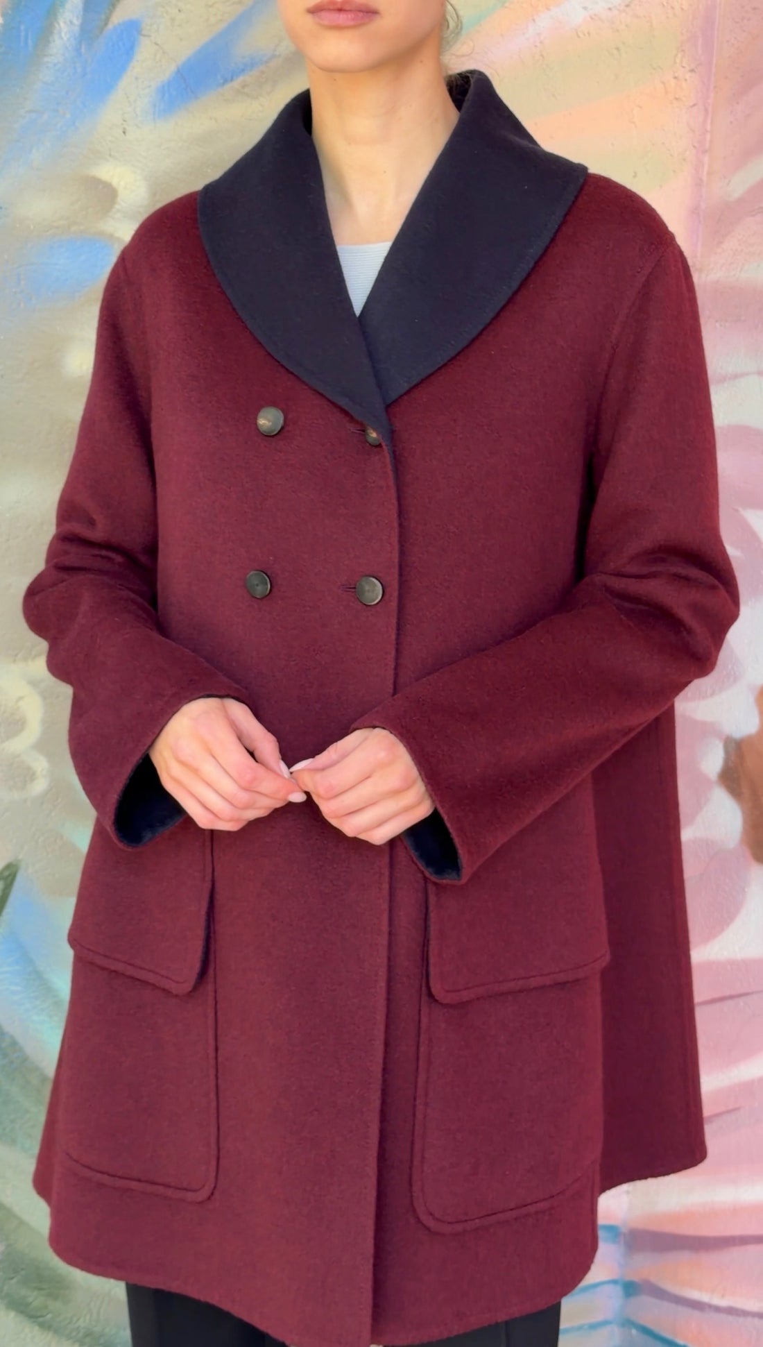 Hermes Burgundy Navy Double Faced Cashmere Shawl Collar Flare Coat - F38