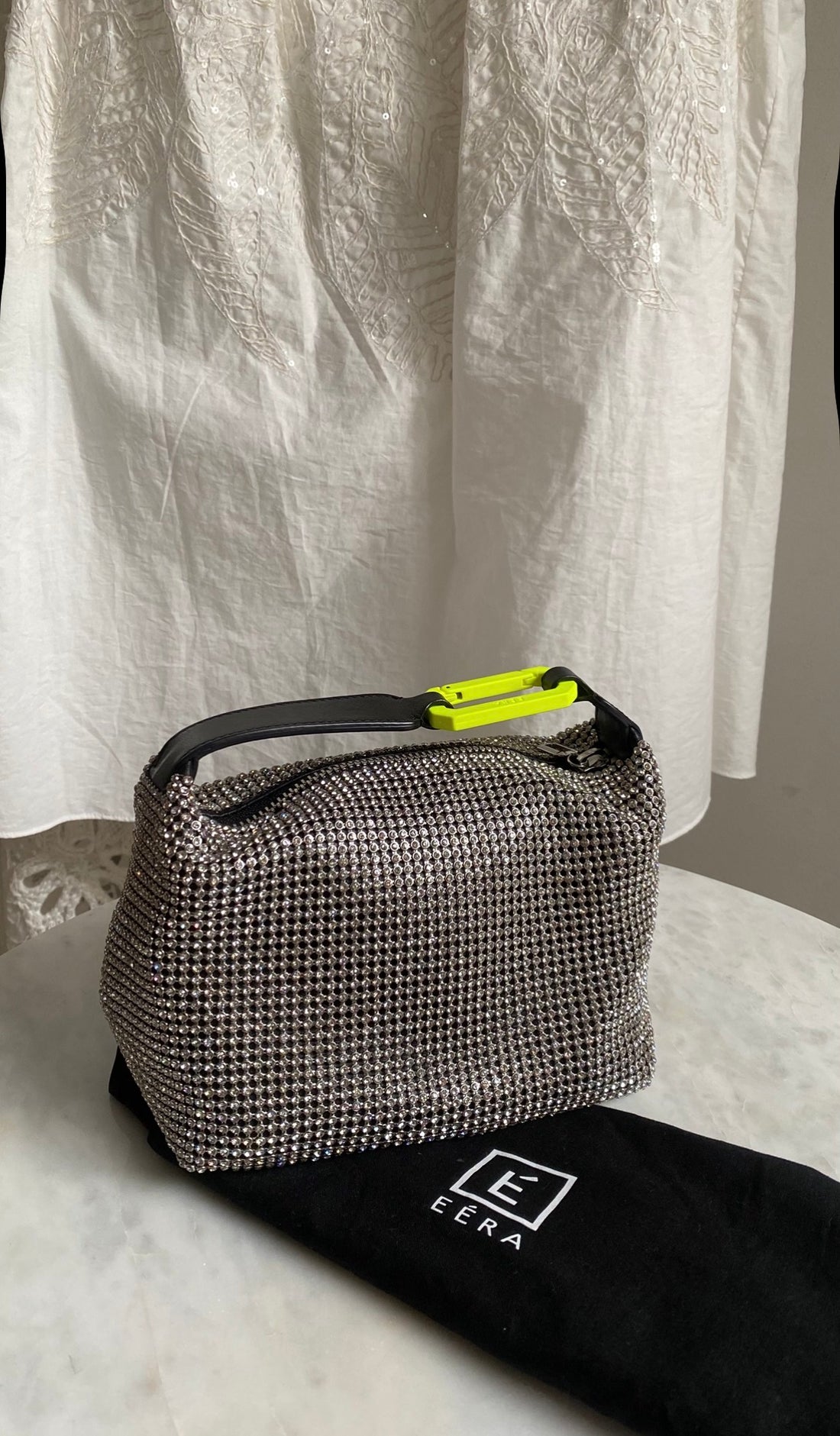 Eera Chartreuse Buckle Black Crystal Mesh Moonbag