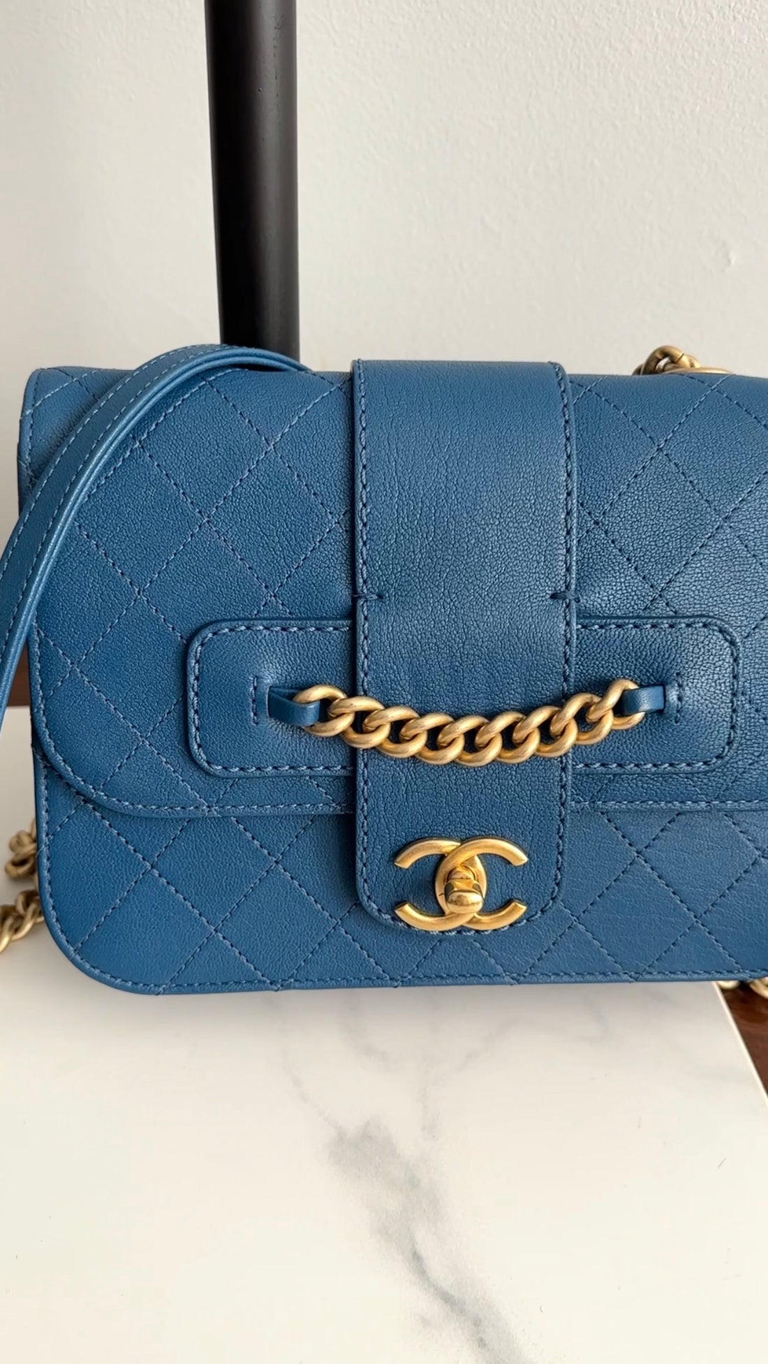 Chanel Dark Teal Blue Sheepskin Quilted Front Chain Flap Bag