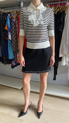 Ermanno Scervino White & Black Striped Lace Cashmere Blend Short Sleeve Polo - IT 44 / US 6-8