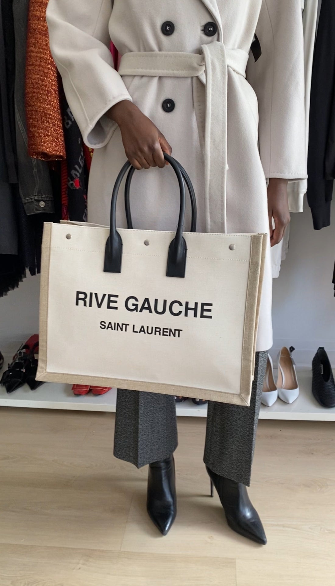 Saint Laurent Rive Gauche White and Beige Canvas Large Tote Bag