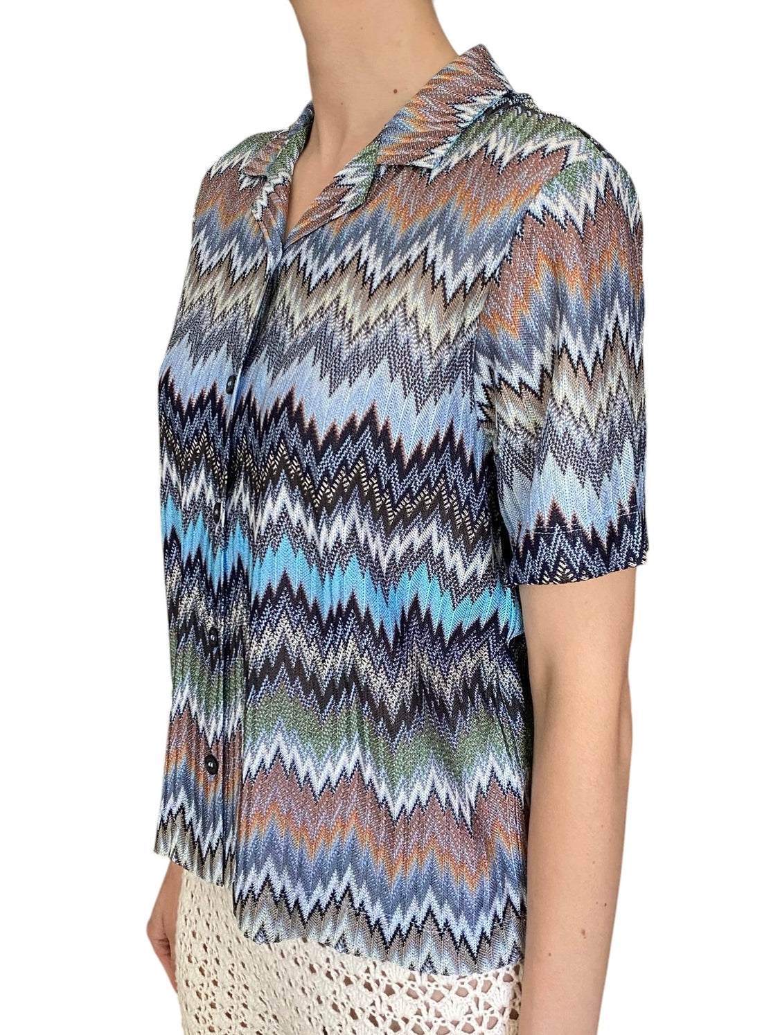 Missoni Blue “Intarsia” Zig Zag Patterned Short Sleeve Shirt - M / US 6