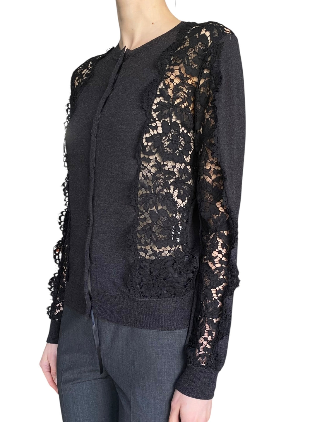 Lanvin Grey Cashmere Lace Panelled Cardigan - XS / US 2-4
