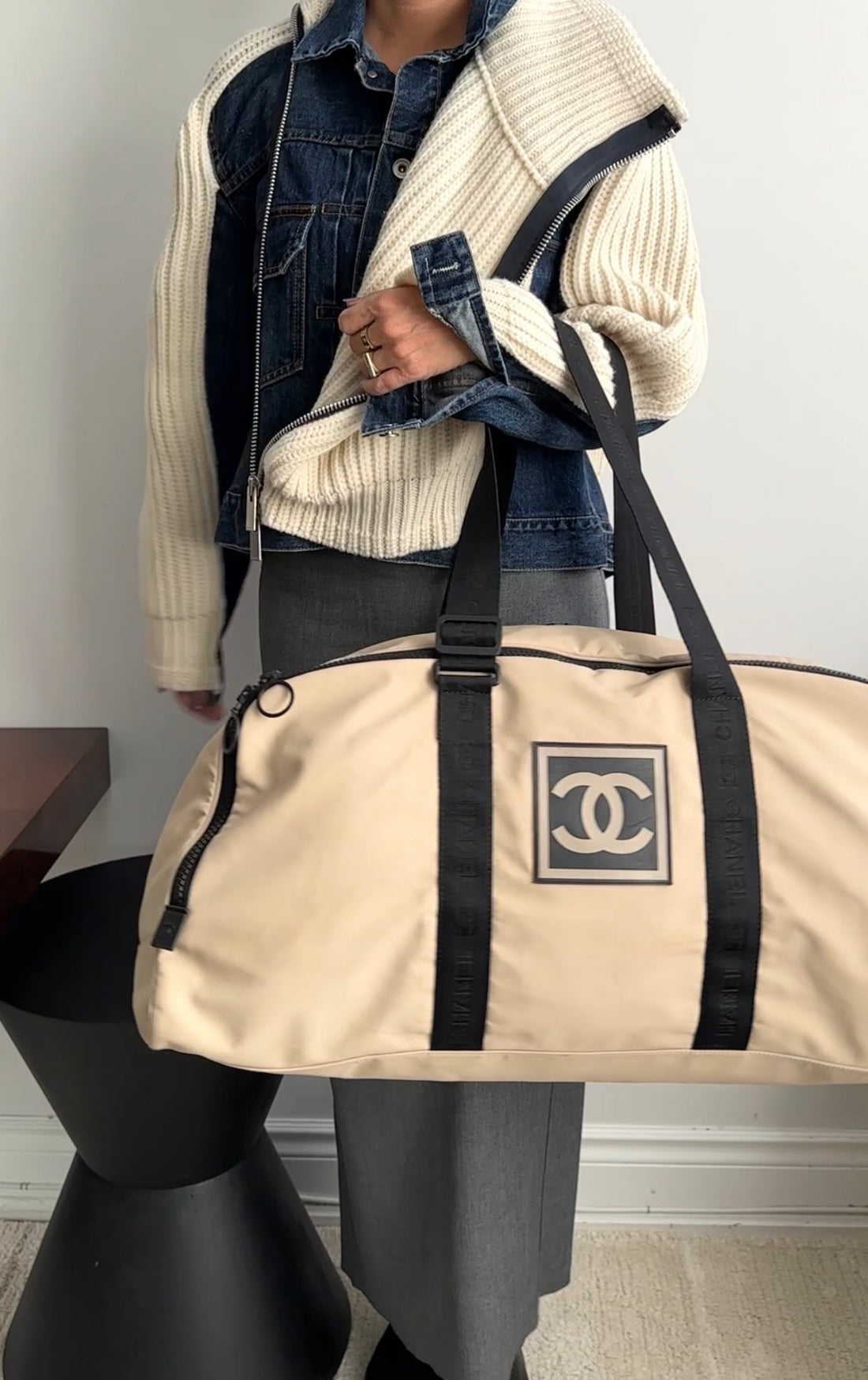 Chanel Sport Vintage 2002 XL Beige Nylon Travel Duffle Bag