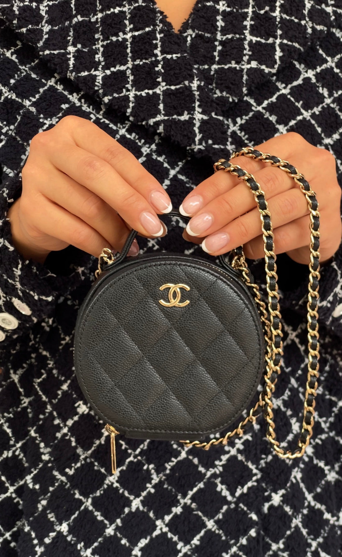 Chanel 2021 Black Quilted Caviar Leather Handle With Care Round Vanity Case Mini Bag