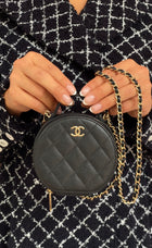 Chanel 2021 Black Quilted Caviar Leather Handle With Care Round Vanity Case Mini Bag