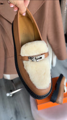 Hermes Tan Icone Shearling Kelly Loafer Shoes - 37