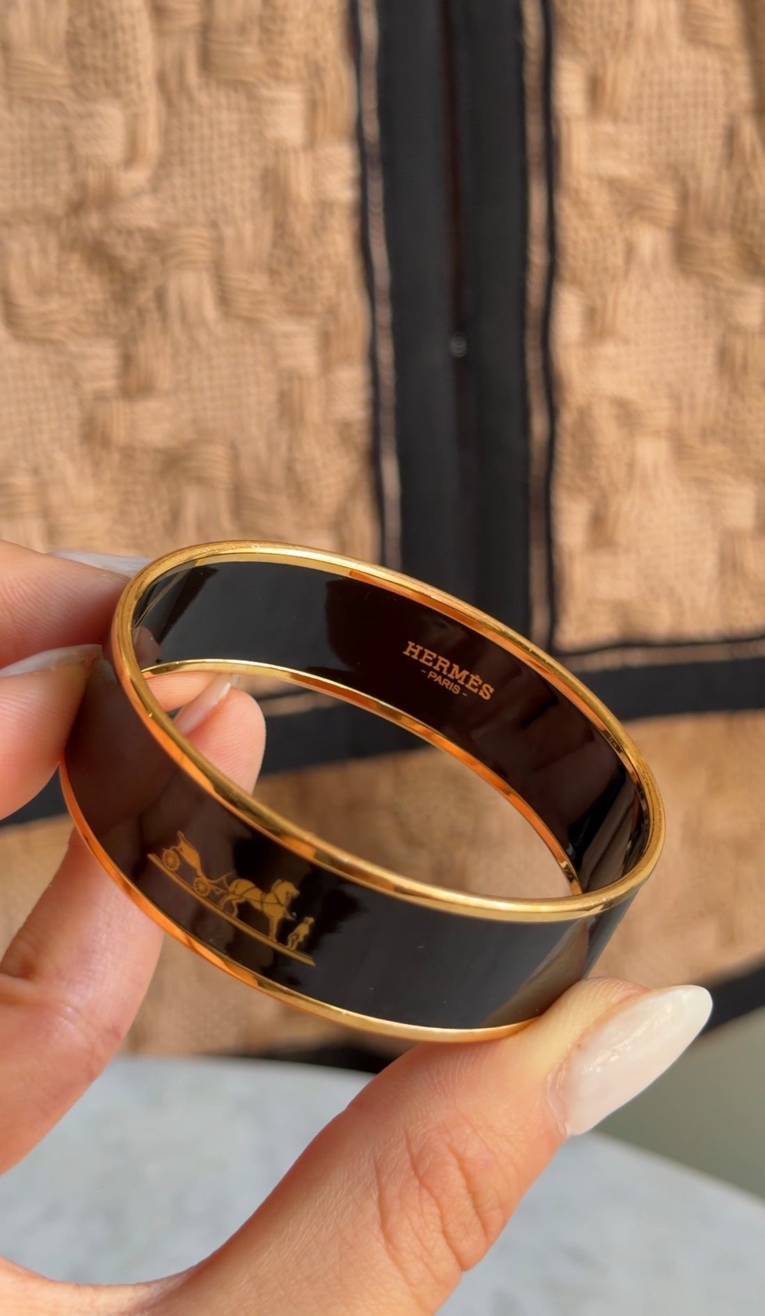 Hermes Black Gold Caleche Gold Enamel Bangle Bracelet PM