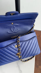 Chanel Blue Chevron Quilted Medium Double Classic Flap Bag GHW
