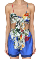 Oscar De La Renta Blue Silk Tie-Front Floral Printed 2-Piece Bralette Short Set - US 4