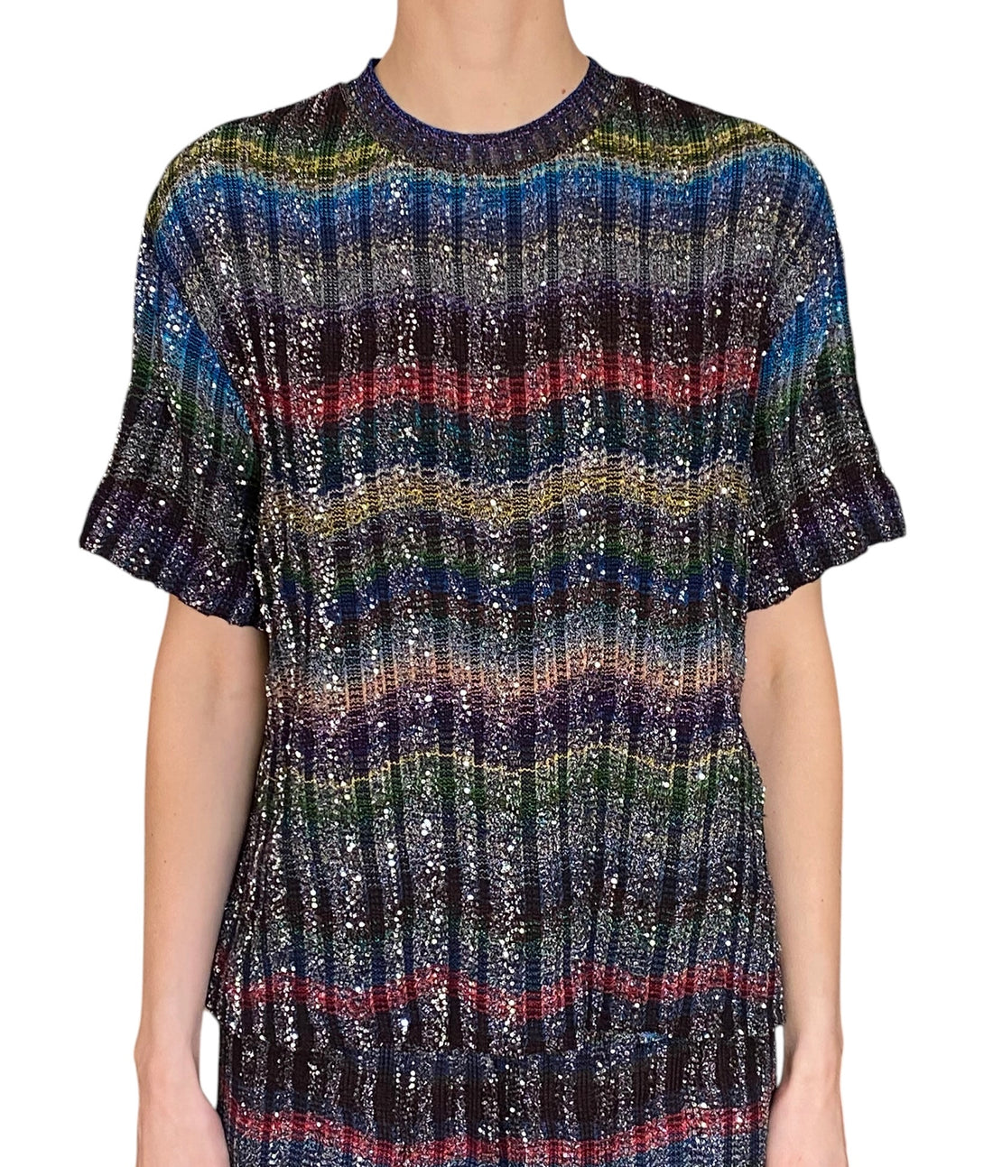 Missoni Multicoloured Sequinned Embellished Chevron Striped Knit Shirt - S / US 4-6