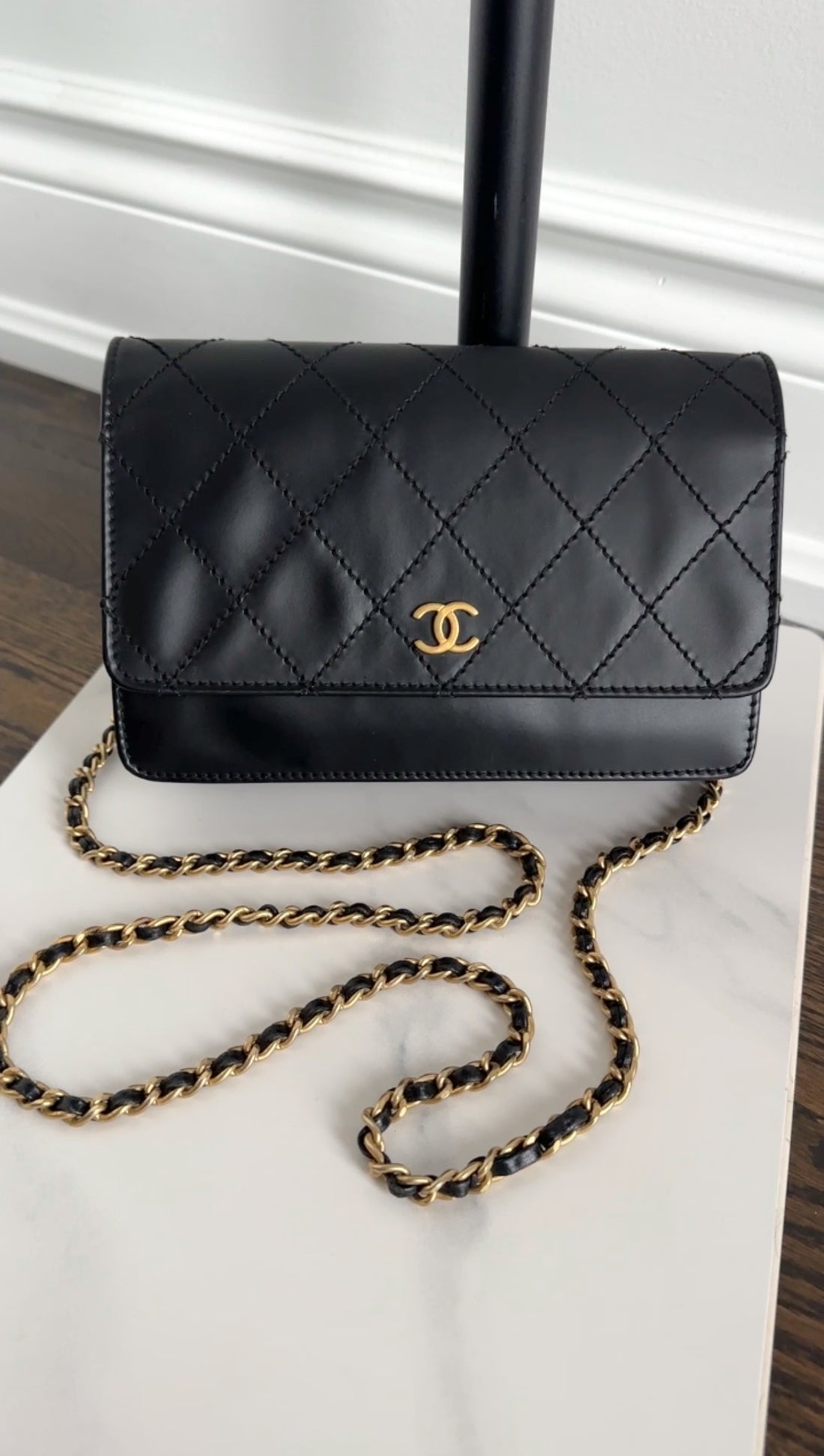 Chanel Black Top Stitch Leather Sheepskin WOC Wallet on Chain Bag