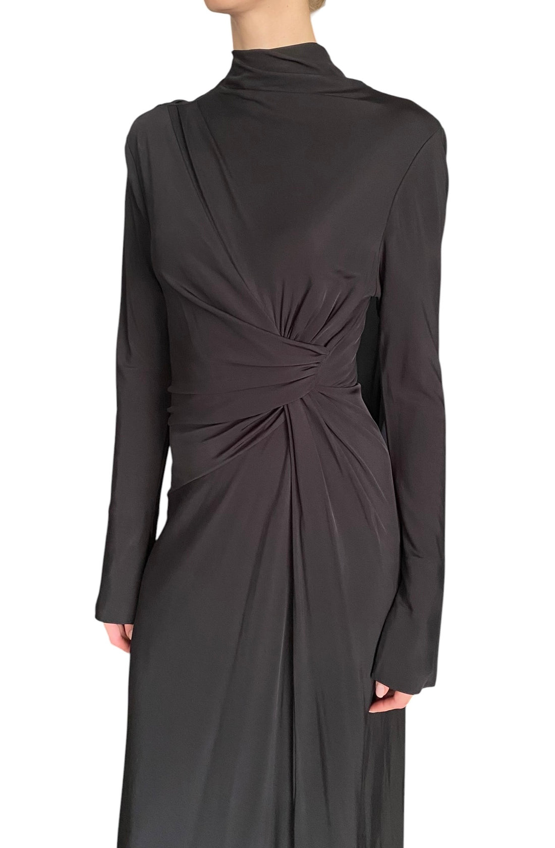 Victoria Beckham Black Gathered Turtleneck Long Sleeve Gown - US 6