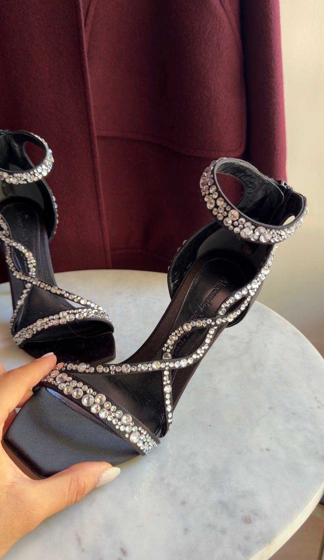 Alexander McQueen Black Satin Crystal Embellished High Heel Sandals - 38.5