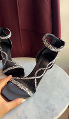 Alexander McQueen Black Satin Crystal Embellished High Heel Sandals - 38.5
