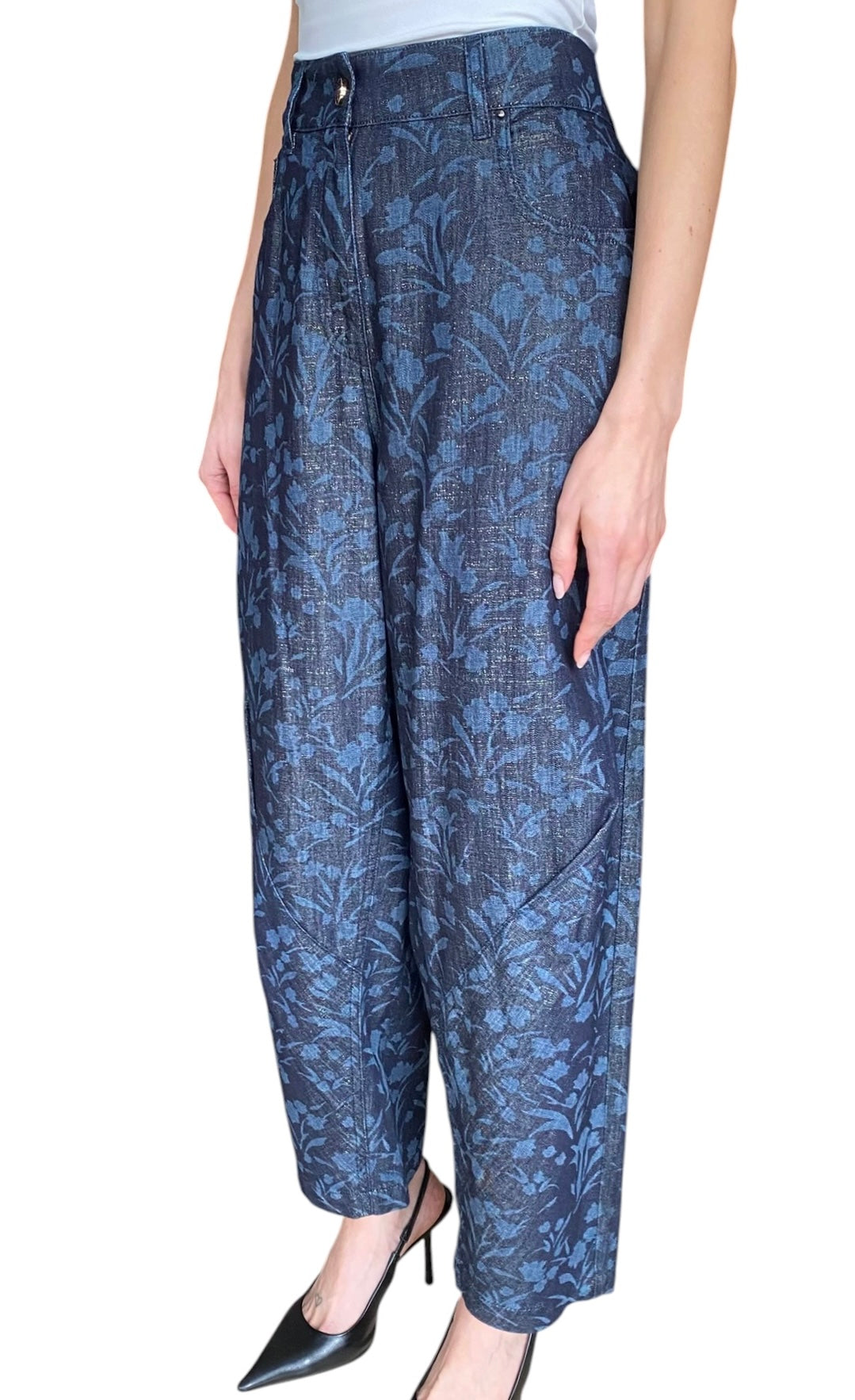Giorgio Armani Navy Denim Floral Printed Metallic Wide-Leg Jeans - IT 44 / US 8-10